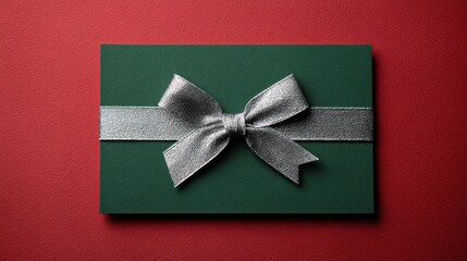 Dark green card with a silver bow on a red background, overhead shot
