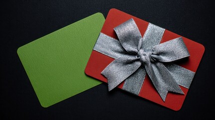 A red gift card with a silver ribbon next to an open green envelope on black