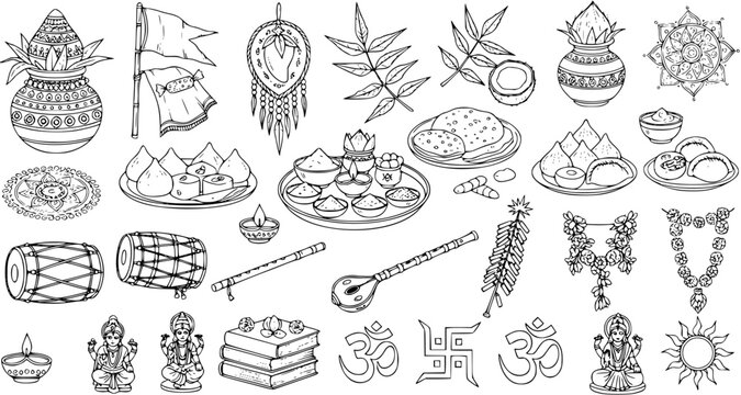 Black  White Line Art Hindu Festival  Indian Culture Icons Set. Hand-drawn Traditional Symbols, Deities, Ritual Items, Food  Musical Instruments for Spiritual Celebration