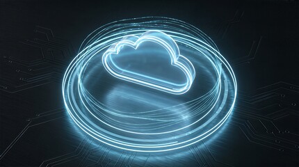 Glowing holographic cloud icon with swirling light trails on dark background, abstract digital cloud technology concept
