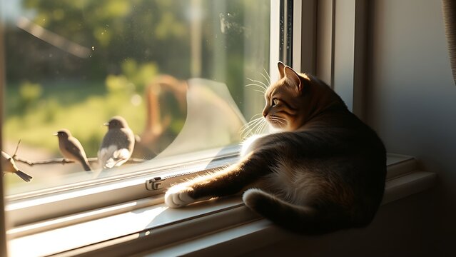 garroting. A cat lounging on a sunny windowsill, ignoring birds outside the window. wildlife magazines, conservation campaigns, designed for eco-tourism storytelling, used by PR specialists.