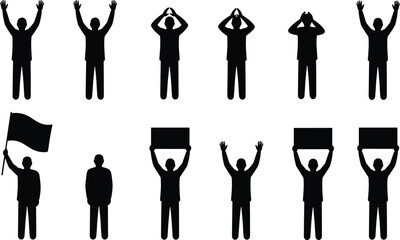 Protest and Demonstration Silhouette Icon Set, People with Raised Hands, Signs, and Flag Symbols for Activism, Rally, and Election