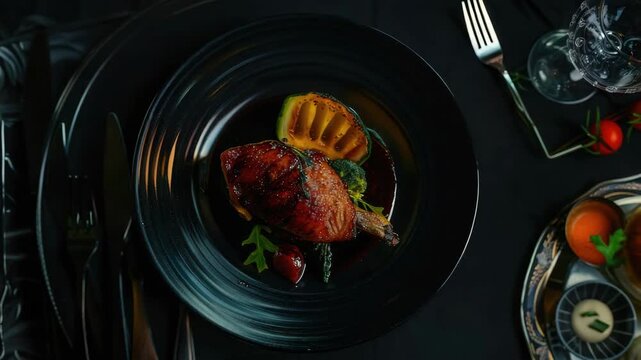 A person is about to enjoy a delicious meal. The plate contains a grilled chicken breast topped with roasted tomatoes and basil leaves.