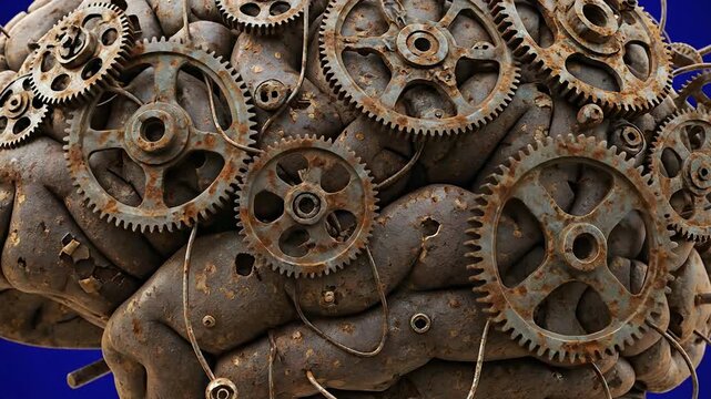 Steampunk Brain With Rusty Metal Gears And Wires Emerging From The Cerebral Cortex On A Vivid Blue Background Symbolizing Mechanical Thought Process And Artificial Intelligence
