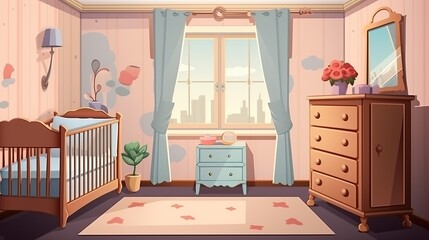 Fototapeta premium Cozy Nursery Room with Crib, Dresser, and Window Overlooking a Cityscape at Dawn