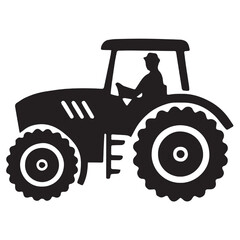 Black silhouette of a farmer driving a tractor with large rugged wheels, symbolizing agriculture, farming work, and rural machinery