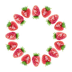A round frame of red strawberries. A juicy summer berry wreath. Hand drawn watercolor illustration. Copy space template for design cosmetics, fruit snacks, marmalade, candies, chewing gum, menu
