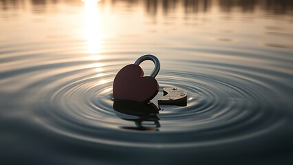 millenary. A broken heart-shaped lock floating on calm water, split in two pieces in soft morning light. wellbeing guides, coaching materials, designed for coaching and self-improvement content.