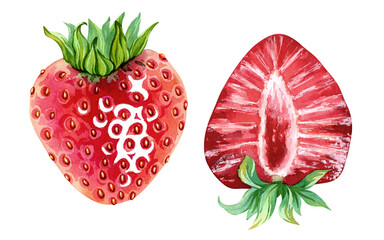 Set of juicy, ripe strawberries. A whole, red, berries with green leaves on top. Vegan, healthy, vitamin-rich. Diet dessert. Hand drawn watercolor illustration. Single isolated object. Design element