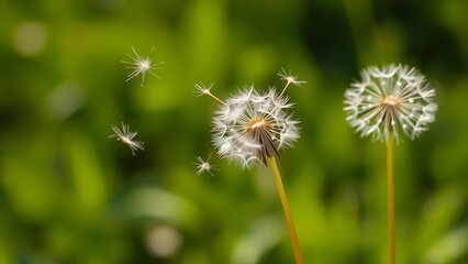 Obraz premium trusteeship. Dandelion seeds drifting in gentle breeze against soft green background. gardening catalogs, home-decor guides, designed for home decor and floral branding, promotes healthy living.