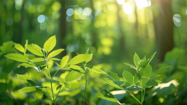 A close-up  of a forest floor on a sunny morning. Sunlight filters through the leaves casting patches of light on the ground.