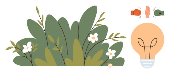 Plants and flowers with a glowing light bulb and expressive hands emphasizing energy conservation and choices. Ideal for sustainability, innovation, eco-friendly design, mindfulness, education