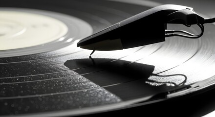 Vintage turntable stylus gracefully engaging a spinning vinyl record, bringing to life the rich, analog sounds of classic music and retro audio culture