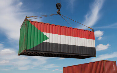 Sudan flag painted intermodal container being lifted for global trade and international shipping transport