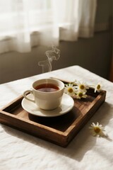 Steaming cup of tea on a wooden tray with daisies, placed on a sunlit bed.