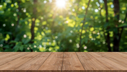 Sunlit empty wooden table in green foliage