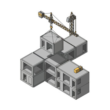 Modular Construction Site with Cranes Assembling Prefabricated Units.