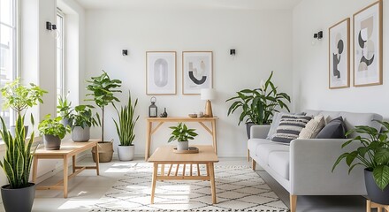 Fototapeta premium Bright and airy living room with plants and natural light.