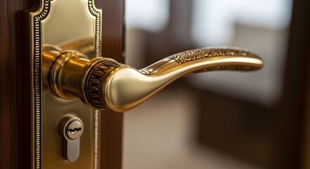 Golden door handle with intricate patterns on a slightly open wooden door