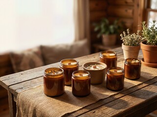 Rustic Candle Display in Cozy Cabin with Warm Sunlight and Natural Decor