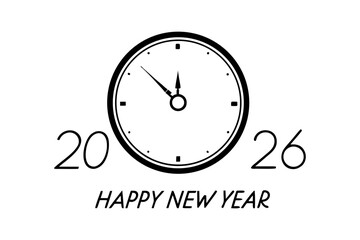 Minimal midnight clock illustration above Happy New Year 2026 text on clean white background, modern festive graphic for celebrations, countdown, holiday decor, and seasonal greeting designs.