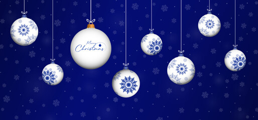 Blue merry chrismas card design with winter snow, snowflakes, 3d bauble illustration. Winter holidays concept card design to use for merry christmas greetings, winter advertising, happy new year card.