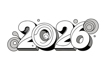 Monochrome 2026 calligraphy design featuring clean abstract shapes, elegant black and white composition, minimal artistic style suitable for modern New Year graphics and contemporary visual themes