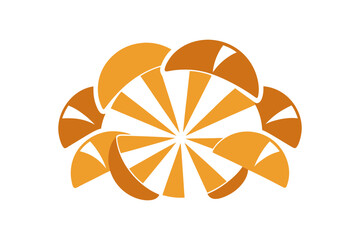 Mushroom slices forming rotating fan shape on white background, isolated top view, fresh fungi, creative geometric food design, healthy culinary ingredients, decorative presentation.