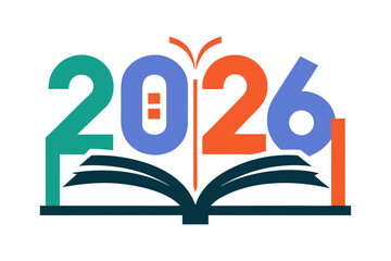New Year 2026 typography designed in the creative shape of an open book, minimalist festive artwork with clean white background, modern celebration concept for greeting visuals and holiday design them