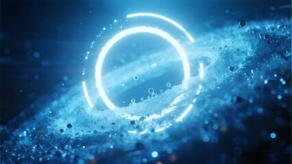 Abstract digital ring glowing in a cosmic blue environment with particles and light effects