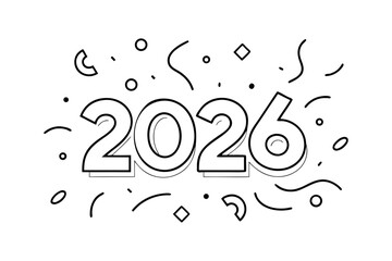 Outlined confetti pieces arranged around bold 2026 text on a clean white background, minimal celebratory decoration design suitable for New Year themes, festive layouts, and holiday graphic projects