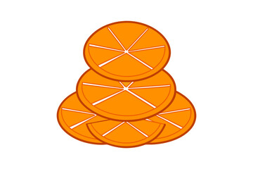 Fresh orange slices stacked in a tower shape on white background, citrus fruit composition, healthy food concept, vibrant minimal still life photography for creative projects