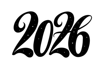 Elegant 2026 simple calligraphy design with subtle sparkles, festive lettering, minimal decorative style, clean white background, perfect for New Year, greeting cards, invitations, and prints