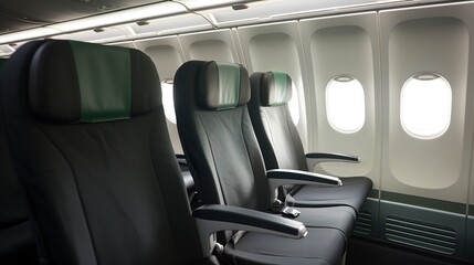 Interior View of an Empty Airplane Cabin with Rows of Black Leather Seats and Windows