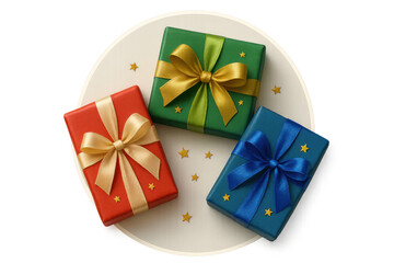 Colorful gift boxes with bows and small golden stars arranged on a white plate, celebration concept, transparent background