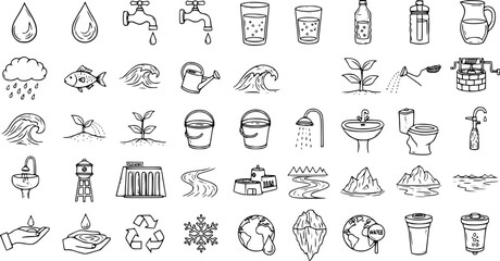 A comprehensive hand-drawn doodle style vector icon set featuring water elements, environment, ecology, nature, conservation, and utilities in black and white line art for graphic design resources.