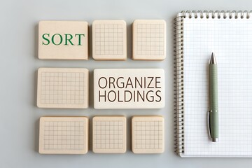 Business blocks spelling organize holdings and notebook