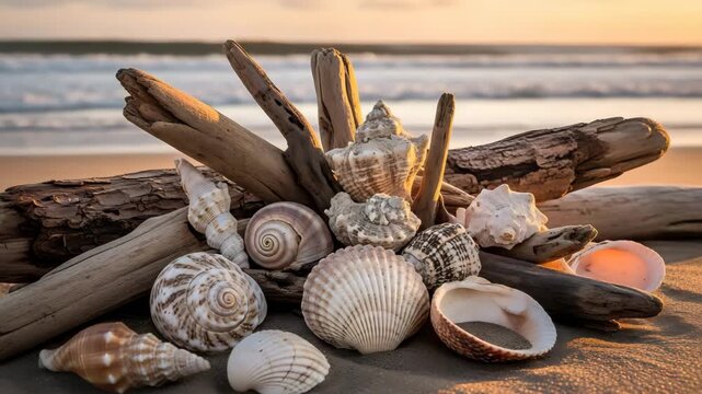 Assorted Seashells and Driftwood on a Sandy Beach at Sunset