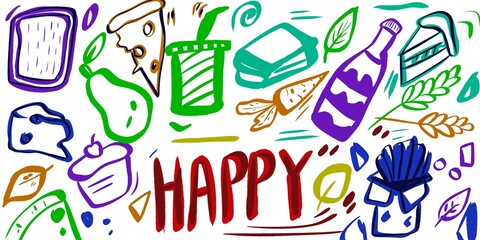 Colorful hand-drawn food doodles featuring pizza, drinks, fruit, desserts, bread, and snacks with the word “HAPPY.” Vibrant playful illustration perfect for food art, packaging, branding, and design.