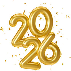 Golden 2026 Balloon Numbers with Confetti in 3d render