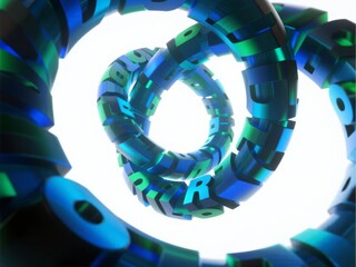 Abstract spiral structure composed of interlocking blue and green metallic rings with glowing light at center