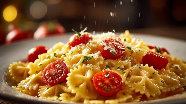 Plate of farfalle with sliced tomatoes, with cheese falling gently