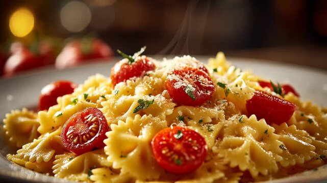 Plate of farfalle with sliced tomatoes, with cheese falling gently