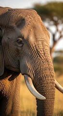 Close-up of an African Elephants Head with Tusks in Golden Sunlight.