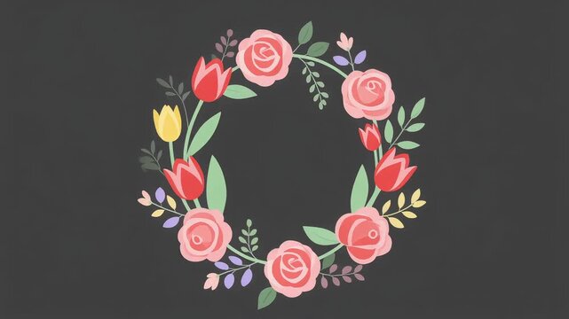 2D flat illustration of a circular floral wreath with animated roses and tulips. Elegant frame for spring, wedding, or invitations.
