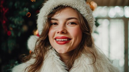 young woman wearing a red santa hat and a white fur stole.