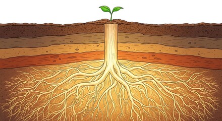 Cross-section of soil showing plant roots and a seedling above ground soil layers sprout