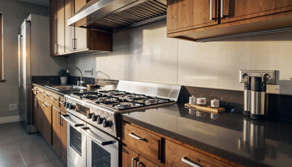 Fototapeta premium Modern Wooden Kitchen with Stainless Steel Appliances and Granite Countertops