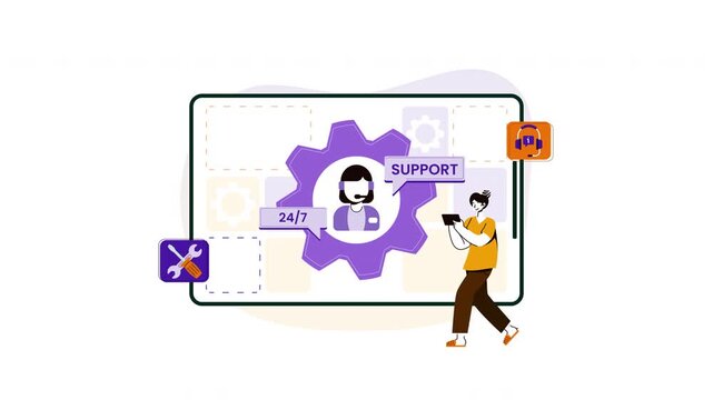 Technical support animation gear graphic for efficient problemsolving on screen. Suitable for techrelated blog posts, customer service presentations.