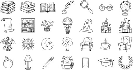 Black and White Hand Drawn Line Art Icons: Education, Fantasy, and Storytelling Doodle Collection with Books, Magic, and Study Elements